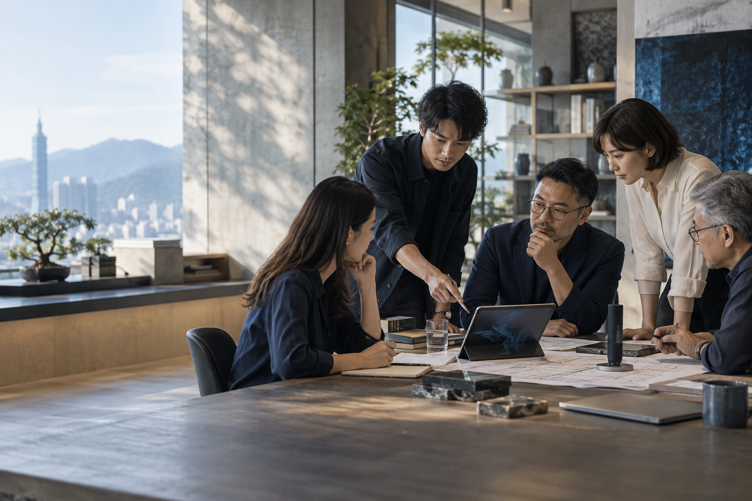 企業團隊討論應用流程的情境設計示意